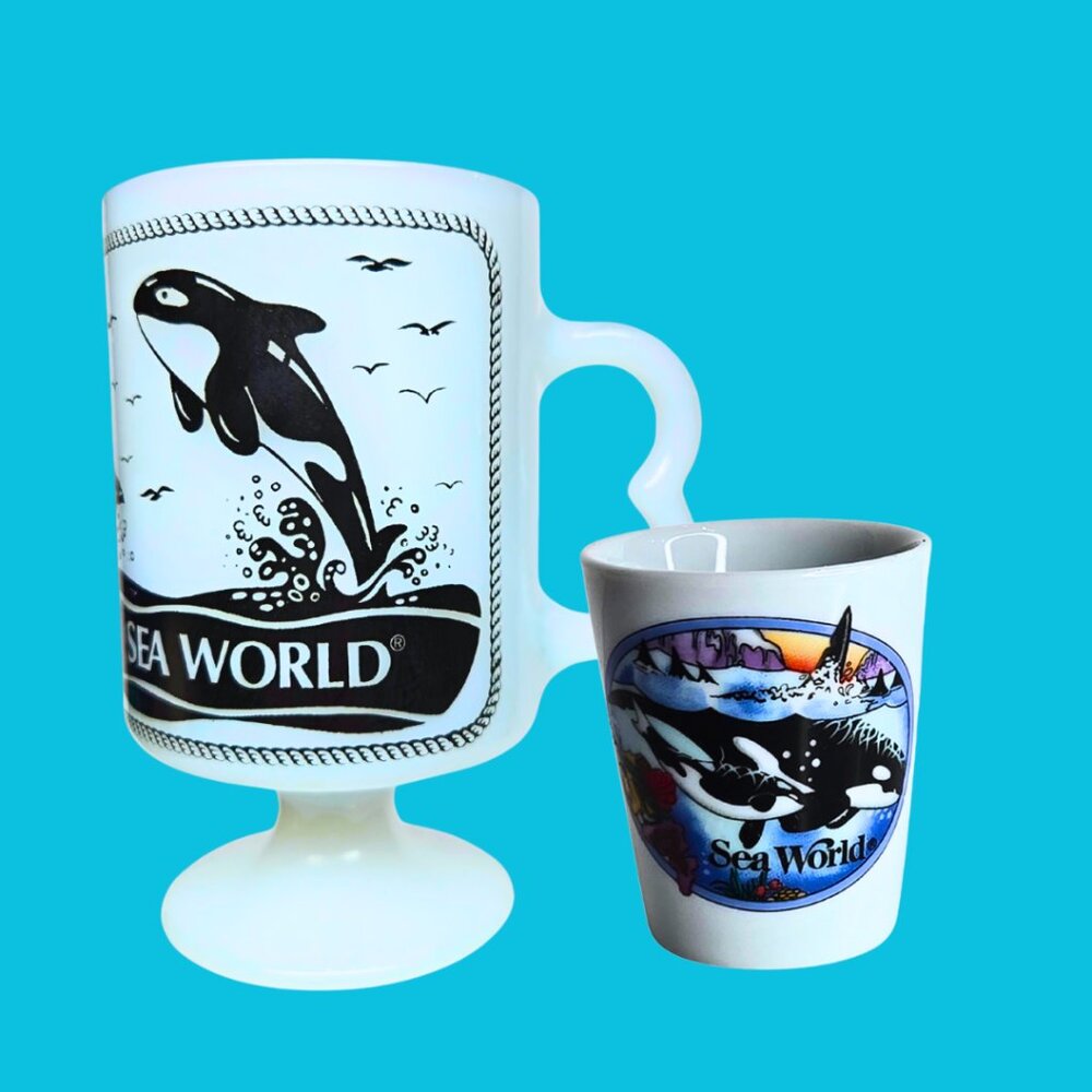 Vintage Sea World Milk Glass Pedestal Coffee Cup / Shot Glass
